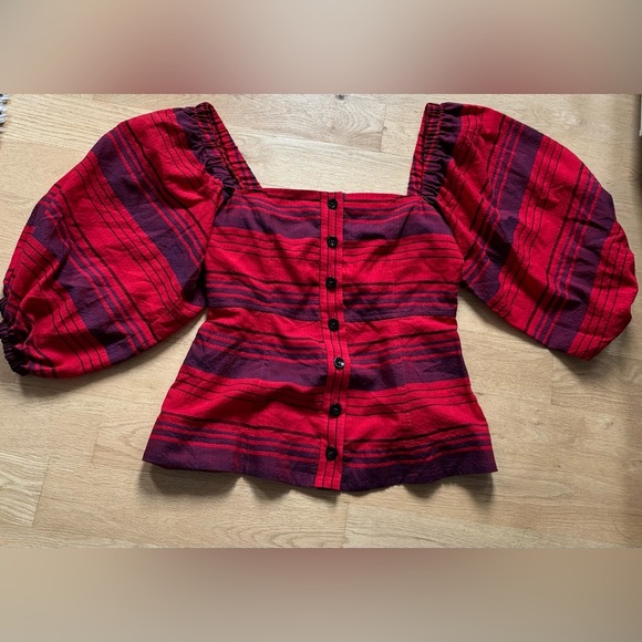 Women’s Striped Square Neck Balloon Sleeve Puffed Sleeve Blouse Top Size Small - Picture 2 of 9